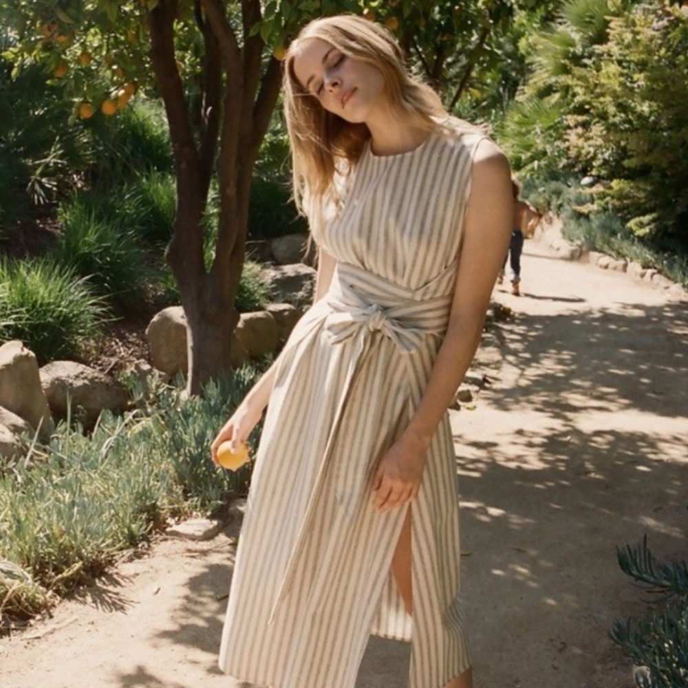 Doen Striped Wrap Cream and blue Midi Dress